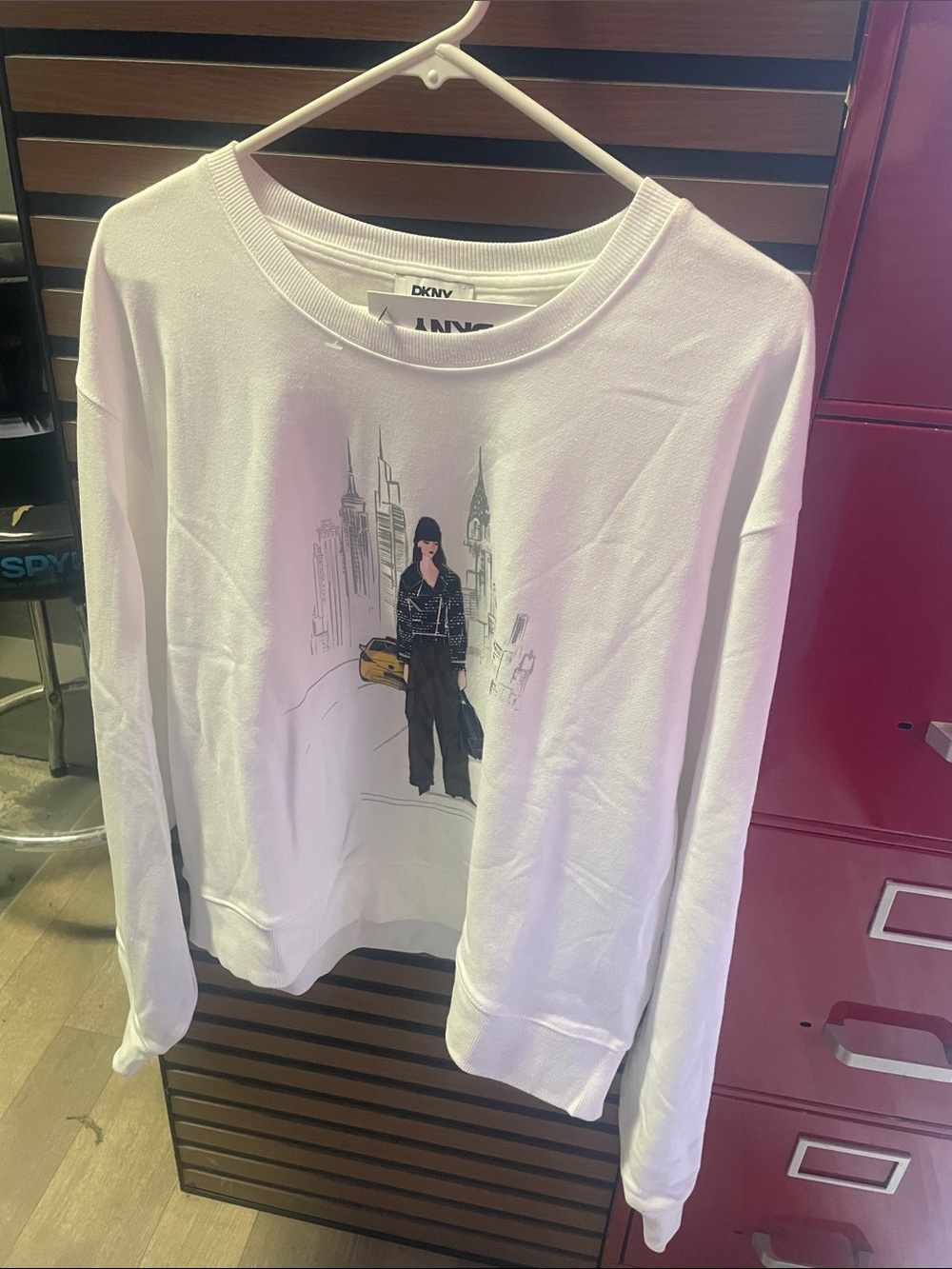 DKNY White Graphic Crewneck with Cityscape Girl Print